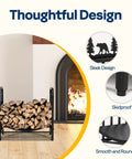 Bear Pattern Firewood Rack 16.5 Inch Wrought Iron Log Holder next to a fireplace, displaying sleek design and thoughtful features.