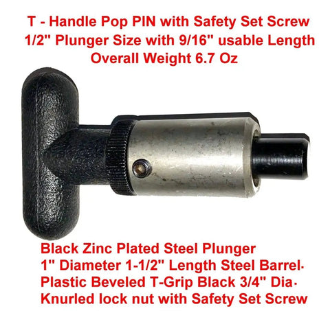 Badass Spring Loaded Pull Pin With T Handle 1 Inch Weld On Steel Barrel And Zinc Plated Plunger close-up view showing T-grip and plunger features.
