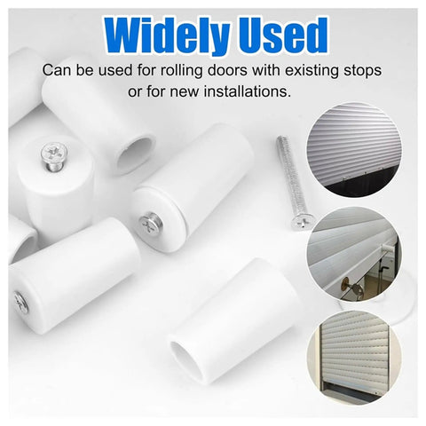 Top Shelf Eight Piece Shutter Stop Kit Features 41mm Durable Plastic Stops With Full Hardware Set For Quick Reliable Home Plantation And Roller Blind Fixes Today, showing white plastic stops and screws.