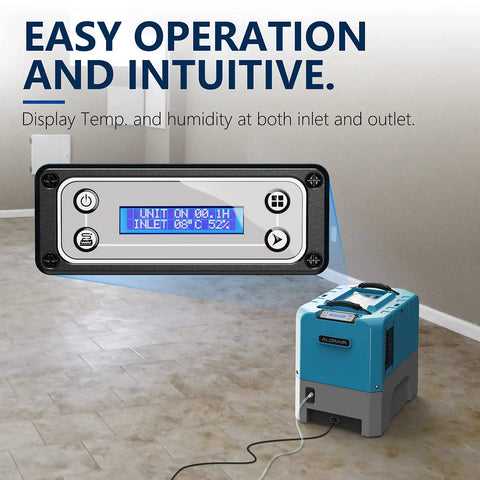 Beast Mode Commercial Dehumidifier Handles 180 Pints Daily Built In Drain Pump display panel showing temperature and humidity.