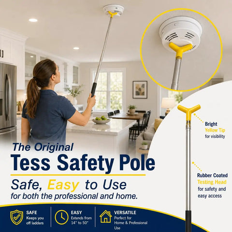 Professional Grade Extendable Pole Tester used to check a smoke detector from the ground in a kitchen setting.