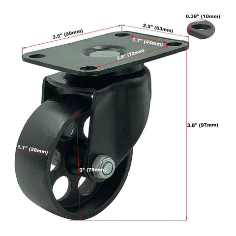 3.5 Inch Black Cast Iron Swivel Caster Wheel Set Of 4 No Brake Rock Solid Heavy Duty Industrial Cart Plate showing dimensions.