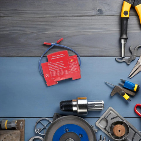 Slick Automatic Aerosol Fire Extinguisher With Smart Sensor Detection on a workbench surrounded by tools and equipment.