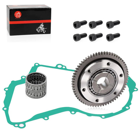 Starter Clutch One Way Bearing Gear Idler Gasket Kit For Yamaha Big Bear 350 400 showing kit components including gear, gasket, and roller.