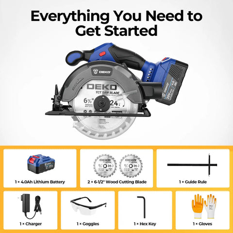 Kickass 20V Cordless Circular Saw With 4 Ah Battery And Charger Producing 4500 Rpm No Load Speed And Quick Bevel Adjustments For Seamless Weekend Warrior Woodworking Builds with accessories.