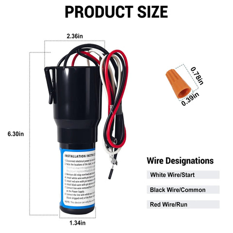 2 Pack Rco210 3 In 1 Hard Start Capacitor Kit For 1 3 To 1 2 Hp Systems with wire designations and dimensions displayed.