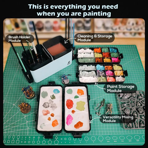 Top view of Portable All In One Modular Painting Station With Wet Palette, Brush Cleaners, Holders And Lid For Miniatures And Warhammer Hobbyists with tools and paints on table.