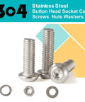 Heavy Duty 80 Piece M6 Button Head Socket Cap Screw Kit With 304 Stainless Steel Hex Nuts Lock Washers And Flat Washers Metric Allen Drive Real Deal Hardware Built To Handle Anything, showing screws and washers.