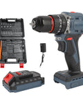 Heavy Duty Brushless Cordless Drill Kit Featuring 1500 RPM Dual Speed Gearbox With 25 Tunable Torque Settings, battery and case included.