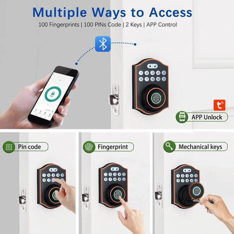 Smooth Keyless Entry Deadbolt With Smart Fingerprint Reader And Electronic Keypad Bluetooth App Control No Sweat Setup showcases access methods.