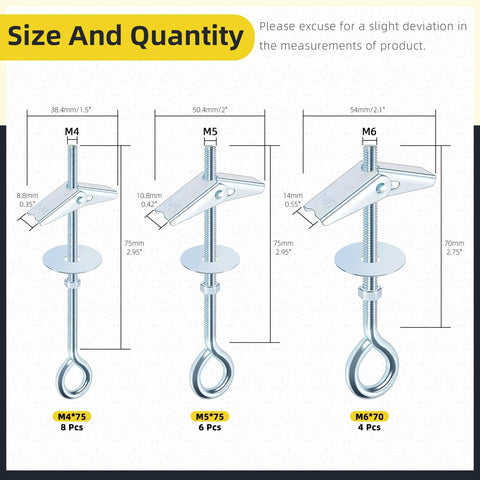 Diagram of 18Pcs M4 M5 M6 Eye Bolt Toggle Bolts Assortment Kit With Eye Hooks For Drywall And Concrete Ideal For Hanging Lamps