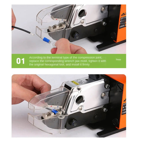Image of Compact Electric Cold Press Crimping Machine Automatic Terminal Tool with interchangeable jaws during wire connection.