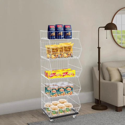 Built Tough Five Tier Rolling Wire Display Rack With Heavy Duty Caster Wheels, Angled Mesh Baskets, And Reinforced Steel Frame Designed To Handle Big Loads Smoothly For Retail Floors, Home Organization, Or Garage Gear In Fresh White, displaying snacks.