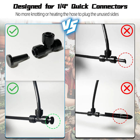 Bulk 45 Pack Quick Connect Drip Irrigation Fittings Kit for 1/4 inch tubing comparison of proper and improper connection methods