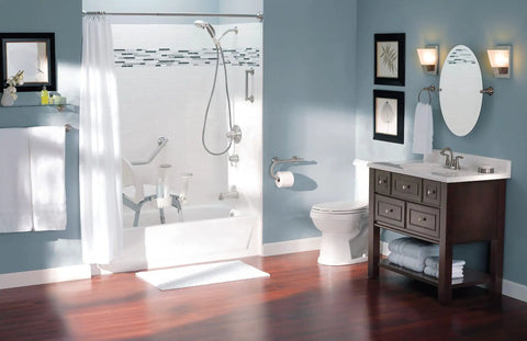 Wall Mounted Bathroom Grab Bar With Integrated Toilet Paper Holder Providing Rock Solid Grip And Dead Simple Setup In Sleek Brushed Nickel For Zero Fuss Installation And Dependable Daily Relief in a bright bathroom interior.