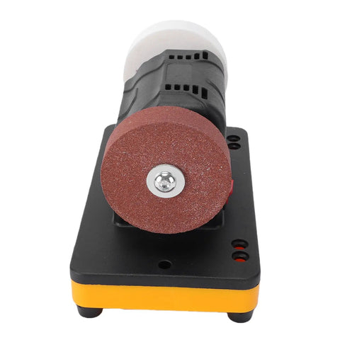 Cordless Mini Bench Grinder With 3 Inch Dual Grinding Wheels And Quick RPM Dial Battery Powered Sharpener from front view.