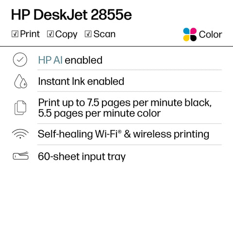 Info card for HP DeskJet 2855e, highlighting print, copy, scan functions, AI, Instant Ink, Wi-Fi, and 60-sheet tray features.