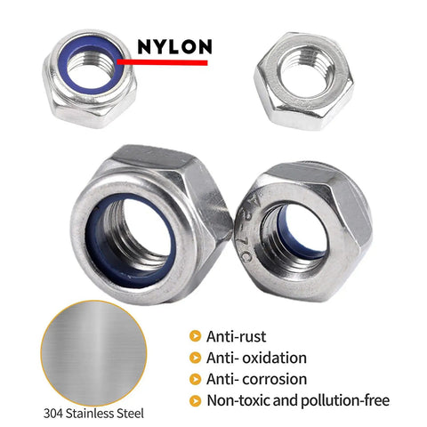 Kickass Hex Lock Nuts With Nylon Insert M6 And M8 Metric 304 Stainless Steel Self Locking Fastener Kit showing M6 and M8 nylon lock nuts.