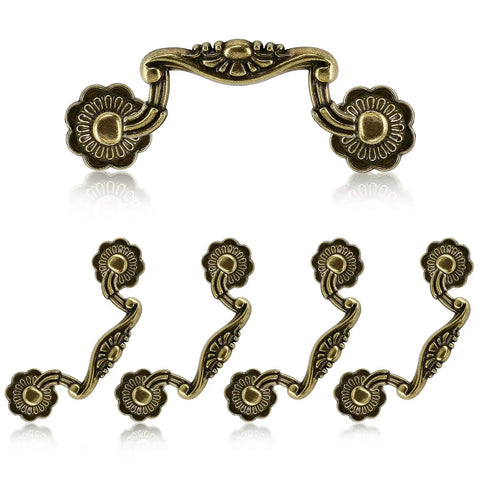 Top Shelf Antique Bronze Drop Bail Cabinet Hardware 3 Inch Centers kitchen drawer pulls with flower design, five pack.
