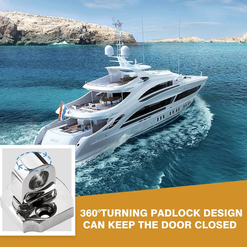 3 Inch 316 Stainless Steel Marine Grade Door Hasp Features Swivel Action With Turn Padlock Eye on luxury yacht.
