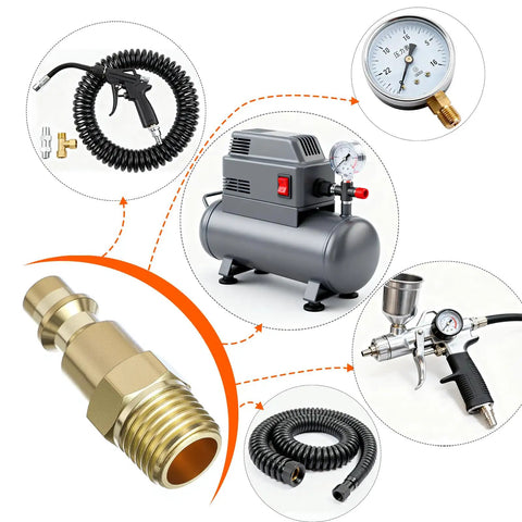 Brass Quarter Inch Air Plug Quick Connect Fittings 10 Pack MNPT Air Hose Connectors for compressors and pneumatic tools displayed.