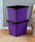 Top Shelf 18 Gallon Storage Totes With Lids, Stackable Plastic Bins For Heavy Duty Organizing, purple bins stacked with black lids.