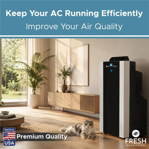 Premium Activated Carbon Replacement Filter For Portable Air Conditioners Knocks Out Funky Odors And Vocs Fits Like A Dream To Arc 14S Models Measuring Seven By Fifteen Inches Keeping Rooms Chill And Super Clean, seen with a portable AC unit and a cat.