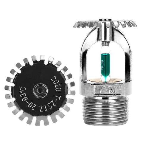 Close-up of a Six Piece Upright Fire Sprinkler Head with green bulb, half inch thread for auto activation, solid build quality.