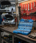 39 Piece Strut Service Kit With Piston Rod Holder And Nut Socket Set For Car Suspension Repair, Heavy Duty Pro Grade Tools, Impact Resistant And Clearly Marked Parts, Includes Durable Carrying Case For Shop Use in blue case on workshop bench