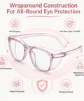 Womens Super Safe Glasses Anti Fog Scratch Proof Clear Lenses Side Shields Stylish Eye Protection For Nurses Labs Daily Grind Snazzy Goggles with wraparound pink frame.