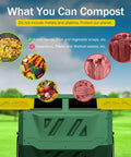 43 Gallon Green Dual Chamber Garden Compost Bin With 360 Degree Rotating Tumbler Easy Open Door And Large Openings visible with compost instructions