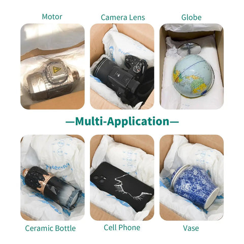 2 Pack 16x18 Inch Expandable Foam Packing Material protecting motor, camera lens, globe, ceramic bottle, cell phone, and vase.