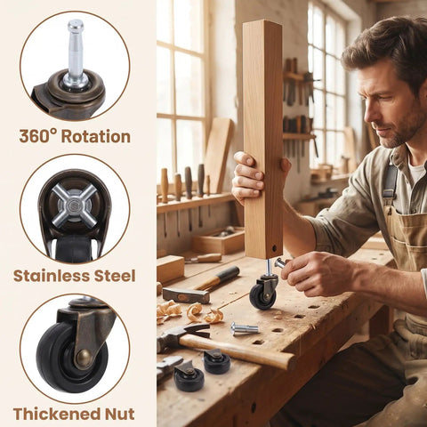 Rock Solid Antique Caster Wheels For Furniture With Smooth Rolling Ball Rollers Vintage Black And Bronze Finish Hella Tough Replacement Casters Featuring A 5 16 By 1 5 Inch Stem, showing installation process with stainless steel wheel.