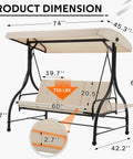 Dimensions of 3-Seater Outdoor Porch Swing With Adjustable Backrest And Canopy, 2-In-1 Convertible Patio Swing To Daybed.