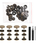 Pro Grade 50 Piece Leather Snap Fastener Kit With Killer Bronze Metal Press Studs, push tools, and snap fasteners in a clear bag.