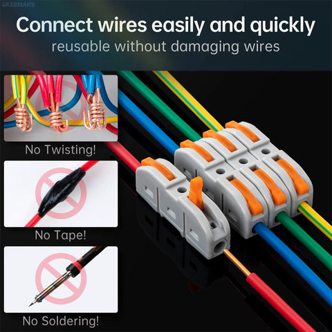 GKEEMARS 50-pcs inline wire connectors with orange levers and gray housings; color-coded wires inserted (front view)