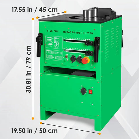 Heavy Duty 1700W Hydraulic Rebar Cutter Bender Combo shows green machine with dimensions 17.55x19.50x30.81 inches for job sites.