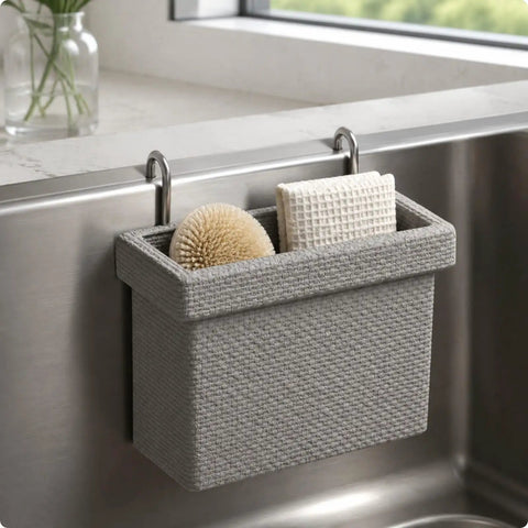 Straight Up Sturdy Hanging Closet Organizer With Dual Steel Hooks For Laundry And Small Garments Rigid Framed Storage Basket Black Closet Game Changer hanging in a kitchen with cleaning items.
