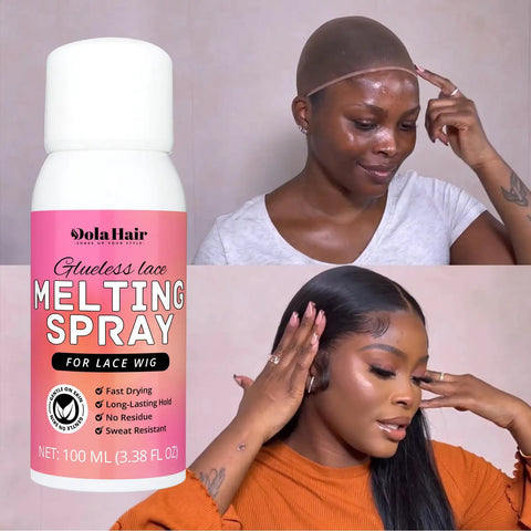 Lace Melting Spray For Glueless Wig Installs Stays Put Bonding Adhesive Wig Glue Spray with woman applying and styling wig.