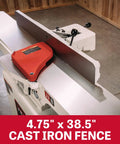 Beefy 8-Inch Jointer With Straight Knives, 2 HP 230V Single-Phase, Heavy-Duty One-Piece Stand, Center-Mounted Fence Levers, 16,500+ Cuts Per Minute, Rabbeting Ledge, Model JWJ-8CS shown with cast iron fence.
