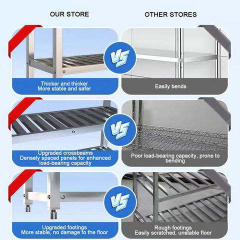 Comparison image showing advantages of Heavy Duty Stainless Steel Shelving Unit Rock Solid Workhorse For Kitchen Garage.