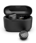 Totally Wireless Earbuds Featuring Instant Plug And Play Pairing Slick Bass Boost Audio And Compact USB Case Bluetooth Five Point Three Black Edition in open charging case.
