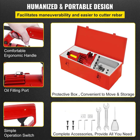 Electric Hydraulic Rebar Cutter Portable 1700W Beast Mode Power Heavy Duty Fast Cutting Tool with case and tools displayed