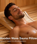 Upgraded Handcrafted Hemlock Wood Sauna Pillow For Head Neck And Shoulder Support Curved Ergonomic Design used in a sauna for comfort.