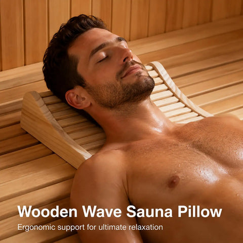 Upgraded Handcrafted Hemlock Wood Sauna Pillow For Head Neck And Shoulder Support Curved Ergonomic Design used in a sauna for comfort.