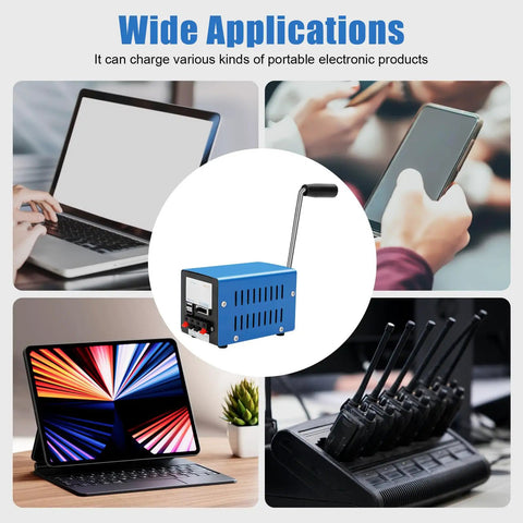 Portable USB Hand Crank Power Generator For Off Grid Emergencies charging phones, laptops, and radios, blue compact design.