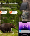Heavy Duty Camouflage Solar Security Camera Outdoor 6Mp 12X Zoom Foolproof PIR Detection with bear in background.