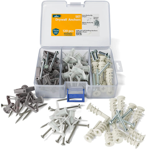 Drywall Anchor Kit With Screws 120 Piece Hollow Wall Set Including Grey Butterfly Anchors White Butterfly Anchors Self Drilling Anchors And 60 Screws For Hanging Shelves Pictures Cabinets And Other Wall Decor On Drywall in an open storage box with assorted anchors and screws.