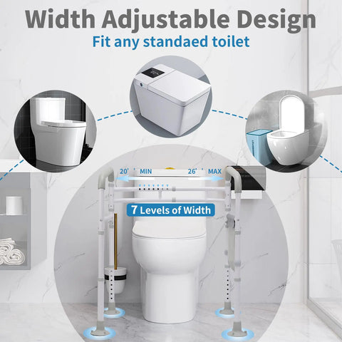 Heavy Duty Toilet Safety Rails Built Tough Grab Bar For Seniors With adjustable width for various toilets, white aluminum support frame.