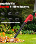 M18 Battery Compatible Cordless Leaf Blower With 320 CFM Airflow And 180 MPH Wind shown in garden setting with multiple batteries